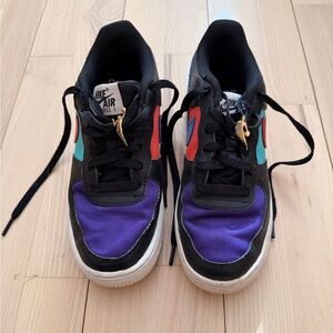 Nike Air Force 1 Kids' Black and Purple Sneakers with Red and Blue Accents